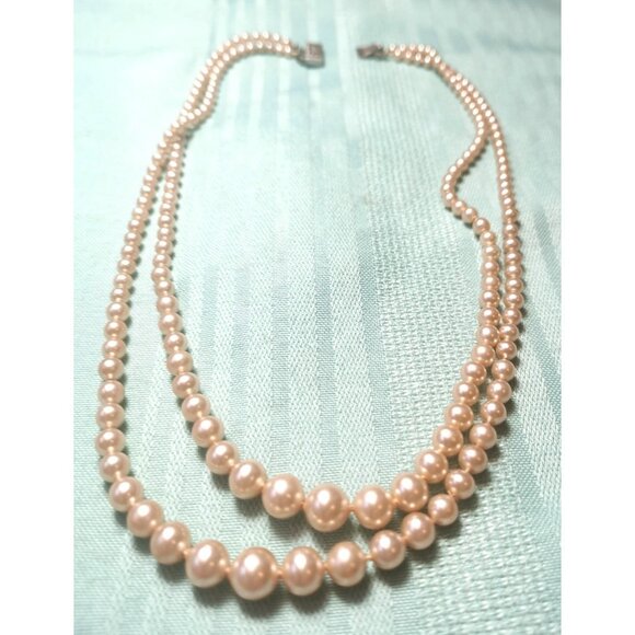 Double Strand Faux Graduated Pearl Necklace 16.75" Rosé Pink 1950s Choker - Picture 6 of 10